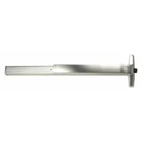 This rim-type exit device features a touchbar style and lever outside trim, constructed from aluminum. It is ADA compliant and designed for doors up to 3 ft wide. Suitable for use in commercial and industrial buildings where safe egress and outside access control are required