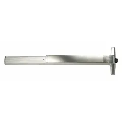 This rim-type exit device features a touchbar style and lever outside trim, constructed from aluminum. It is ADA compliant and designed for doors up to 3 ft wide. Suitable for use in commercial and industrial buildings where safe egress and outside access control are required.