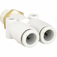 This SMC wye fitting is made of polybutylene and brass, designed for mm pipe size systems. It connects three tubes of 10 mm OD and one 1/4 in pipe thread, with a 49 mm overall length. Used for branching pneumatic or low-pressure fluid lines in industrial automation and packaging systems