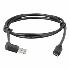 This 3-foot USB cable features a Type A connector on one end and a right-angle Micro B connector on the other, allowing connections in tight spaces where a straight connector would not fit. Suitable for connecting devices with Micro B ports, such as external hard drives or cameras, to Type A USB ports on computers or chargers.