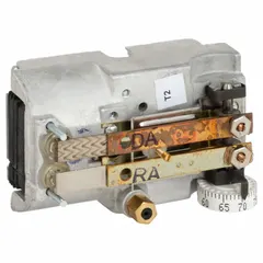 Pneumatic thermostat for heating and cooling control in commercial HVAC systems. Features a 55° to 85°F temperature range, 2-pipe high-volume air flow output, direct action at 20 psig and reverse action at 15 psig. Designed for horizontal mounting; cover not included.