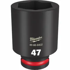 This 3/4" drive impact socket is designed for heavy-duty fastening tasks. It features a 47 mm metric size, 6-point deep configuration, and a friction ring retention system. The black phosphate finish provides corrosion resistance. Suitable for use with impact wrenches in industrial maintenance, construction, and automotive repair.