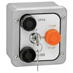 Momentary contact control station with Open-Close-Stop functionality. Outdoor-rated faceplate and surface mount configuration. Suitable for operating commercial garage door operators in exterior industrial or commercial facilities.