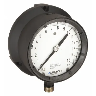 ASHCROFT Process Pressure Gauge: 0 psi to 15 psi, White, 4 1/2 in Dial, 1/2 in NPT Male - Vibration-Resistant All-Stainless Steel Wetted Parts & Casing