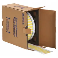 Polyolefin sleeve label roll with matte yellow finish, precut to 3/8 in x 2 in, designed for wire gauges 8 AWG to 16 AWG. Compatible with Brady IP Series printers. Used for permanent wire and cable identification in industrial control panels, electrical installations, and maintenance applications