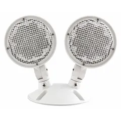 This plastic remote head is designed for wall mounting in wet locations. It features two 1 W LED lamps operating at 3 V, with an adjustable head for directional light. The white housing is suitable for use with compatible emergency lighting systems.