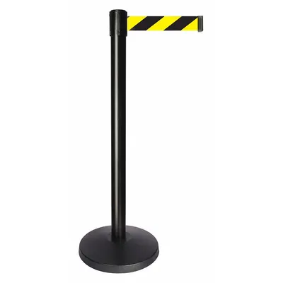 QUEUEWAY Barrier Post with Belt: Black/Yellow, Chevron, No Legend, 10 ft Belt Lg - Pattern Retractable Belt Post Barriers