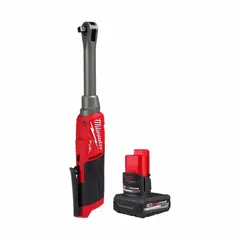 This M12™ cordless ratchet delivers 35 ft-lb of maximum torque and a no-load speed of 450 RPM. It features a brushless motor and a ball detent anvil for secure socket retention. The kit includes the model 2569-20 ratchet and the 48-11-2450 battery. Suitable for fastening and loosening bolts in confined spaces where a standard wrench is impractical.