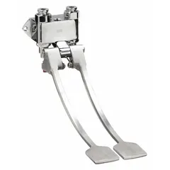 This foot pedal valve assembly is constructed of brass with a chrome finish. It features a 1/2 in NPT connection and an overall width of 14 in. Designed for hands-free faucet operation, it is commonly used in commercial restrooms, laboratories, and healthcare facilities to reduce cross-contamination.