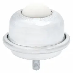Threaded-stud mount ball transfer with 1 1/2 in diameter nylon/steel ball, 125 lb load capacity, and 2 5/16 in projection. Used in material handling systems for multidirectional movement of items on conveyor transfer stations, workstations, and packaging lines.