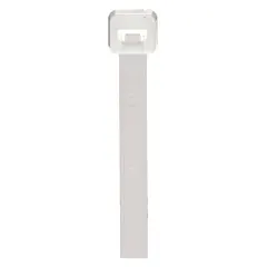 Natural nylon cable ties for indoor bundling and organizing wires and cables. Each tie is 8 inches long, 0.19 inches wide, with a 2-inch maximum bundle diameter. Sold in a standard 100-pack. Not rated for outdoor use.