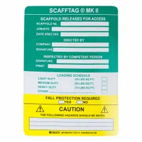 Rectangular scaffold inspection tag, black/white/yellow, made of polyester. Measures 5 3/4 in wide by 7 5/8 in high. Pack of 100. Used to indicate inspection status on scaffolding in construction and industrial settings