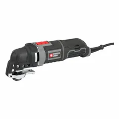 This corded oscillating tool operates at 120V AC with a 3A current and a 2.8° oscillation angle. It includes variable speed control for tasks such as cutting, sanding, and scraping in construction and renovation applications.
