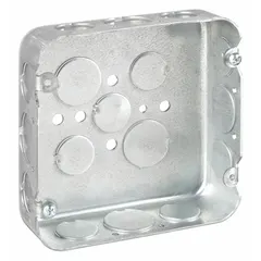 Steel square box with nominal dimensions of 4-11/16" x 4-11/16". Supplied without clamps or bracket. Suitable for use as a junction box or pull box in electrical installations where internal clamps or mounting brackets are not required.