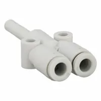 Polybutylene terephthalate push-fit wye fitting in white, designed for 4 mm OD tubing. Used to split or combine pneumatic lines in a Y-shaped configuration. Suitable for quick, tool-free connections in pneumatic systems