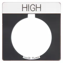 Square push-button ring and plate with 1 3/4 in overall height and width. Constructed of black metallic aluminum with a white legend and notch. Used for labeling and mounting push-button operators in control panels and industrial stations.