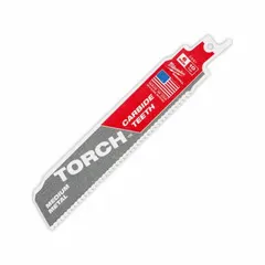 Carbide reciprocating saw blade with straight design for cutting thick metal. 6-inch blade length and 1/16-inch blade width. Suitable for demolition and fabrication tasks requiring aggressive cuts in steel or iron.