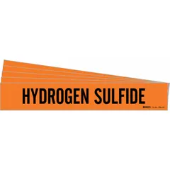 Orange adhesive pipe marker with black legend reading 'Hydrogen Sulfide,' designed for pipes with outer diameter of 8 inches and larger. Each pack contains 5 markers without directional arrows. Used to identify piping carrying hydrogen sulfide gas in industrial facilities.