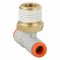 This SMC push-fit tee fitting connects two 3/16 in OD tubes and one 1/4 in pipe, enabling branch connections in pneumatic systems. Made of polybutylene and brass, it allows tool-free assembly for secure joints. Commonly used in automation and material handling applications