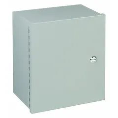 This WIEGMANN NEMA 1 steel enclosure is designed for indoor use to protect electrical controls, terminals, and instruments from dust and light debris. It measures 14 x 12 x 6 inches, features a hinged solid cover with a 1/4-turn latch, and has a painted finish. Knockouts are not included.