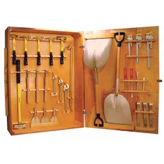 This standard nonsparking tool set includes 28 pieces in a tool case, comprising 2 slotted screwdrivers, 3 pipe wrenches, and 2 chisels. Designed for use in hazardous environments where sparking from steel tools could ignite flammable gases, vapors, or dust.
