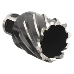 This high-speed steel annular cutter features a black oxide finish and a 1-1/16 in diameter for general cutting applications. With a maximum cutting depth of 1 in, it is suitable for creating holes in metal fabrication and structural steel work. The Weldon Flat shank ensures secure mounting in compatible power tools.