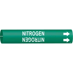 Snap-on pipe marker for identifying nitrogen lines in industrial piping systems. Green background with white legend text reading 'Nitrogen' and directional arrows. Fits pipe outer diameters from 3/4 to 1-3/8 inches. Supplied as a single marker.