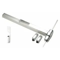 This surface-mounted vertical rod exit device features a touchbar and night latch, constructed of aluminum. Designed for doors up to 3 ft wide, it provides push-bar operation for egress in commercial and institutional settings.