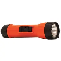 This safety-rated flashlight delivers 80 lumens with a 200-hour run time at maximum brightness and a 100-meter beam distance. It requires two D batteries for operation. Suitable for industrial inspections, maintenance tasks, and emergency lighting in plants, warehouses, and field operations