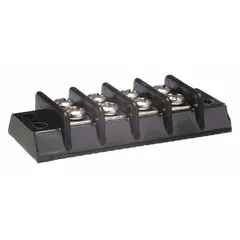 This 4-pole surface mount barrier strip accepts wire sizes from 22 AWG to 14 AWG and is rated for a maximum current of 15 A. It is used for securing and organizing wire connections in control panels, junction boxes, and industrial equipment. No cover is included.