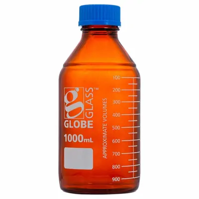 GLOBE SCIENTIFIC Media Bottle: 1 L, Screw-On, GL45, 225 mm, Amber, Closure Included - Glass Lab Media Bottles