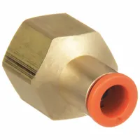 This SMC push-to-connect adapter fitting connects 1/4" OD tubing to 1/4" FNPT threads. Made of brass with a white finish, it enables tool-free assembly in pneumatic systems for air lines and control circuits