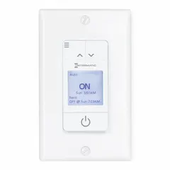 Digital programmable timer for automatic control of lighting, fans, or other electrical loads. Features a countdown range from 1 minute to 7 days, SPST-NO switch, 120V AC operation. White finish, wall plate not included.