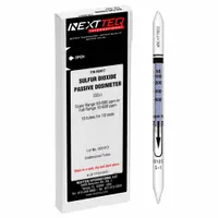 Dosimeter tube for measuring sulfur dioxide (SO2) concentrations from 10 to 600 ppm. Supplied in a 10-pack without pump, designed for use with NEXTTEQ NX-1000 pumps. Used for detecting SO2 in industrial safety applications such as combustion processes, chemical plants, and confined spaces
