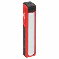 This cordless LED hand lamp delivers up to 445 lumens with two selectable brightness levels (100 lm and 445 lm). It is powered by a rechargeable battery and includes a USB cord for charging. Suitable for portable task lighting in construction, maintenance, and repair work.