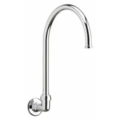 This gooseneck spout is constructed of brass with a polished chrome finish. It features a swivel design and includes mounting hardware. The spout delivers a flow rate of 1.5 gpm. Suitable for commercial kitchens, laboratories, and industrial wash stations requiring a high-arc swivel spout.