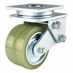 Swivel plate caster with shock-absorbing design for automated guided vehicles and mobile robots. Polyurethane wheel, 150 mm diameter, 40 mm width, 210 mm mounting height. Suitable for material handling applications requiring vibration dampening.