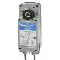 Fail-safe damper actuator with spring return for on/off control in HVAC systems. Delivers 177 in-lb torque, 90° stroke with CW/CCW rotation, and self-centering clamping shaft. Operates on 24V AC/DC, includes auxiliary switch, hardwired connection, NEMA 2 / IP54 rated. Compatible with building automation systems for damper control in air handling units and VAV boxes.