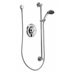 This shower faucet from the Commercial Posi-Temp T8346 series includes a hand-held showerhead. It features a metal fixed showerhead with a flow rate of 2.5 gpm. The unit is constructed from brass and metal, suited for commercial applications such as hotels, gyms, and hospitals.