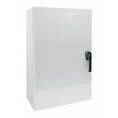 This steel enclosure measures 20 x 20 x 6 inches with a solid, hinged, painted cover. Rated NEMA 12/13/3R/4, it provides protection against dust, falling dirt, dripping water, rain, sleet, and hose-directed water. The padlock hasp closure secures the cover. Typical applications include housing electrical controls and instruments in industrial environments requiring washdown or outdoor exposure.