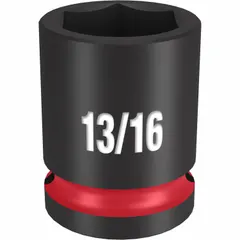 This 1/2" drive impact socket features a 13/16 in SAE hex size with a 6-point configuration for secure engagement on standard fasteners. Designed for use with impact wrenches in automotive repair, heavy equipment maintenance, and industrial assembly. Black Phosphate finish provides corrosion resistance.