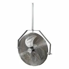 Industrial ceiling-mount fan with 18-inch blade diameter, powered by 120V AC and a 1/8 hp motor. Features variable speed control for adjustable airflow in a fixed, non-oscillating position. Suitable for air circulation in warehouses, workshops, and factories.