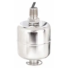 Vertically mounted float switch with stainless steel construction and selectable SPST configuration. Uses lead wires for electrical connection. Requires minimum media specific gravity of 0.63 for operation. Suitable for point-level detection in industrial tanks and vessels.