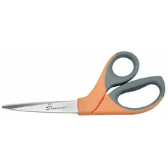 These offset plastic-handle scissors feature straight stainless steel blades with pointed tips and a black finish. The ambidextrous design accommodates both left- and right-handed users. Suitable for general cutting tasks in office, school, or light industrial settings.
