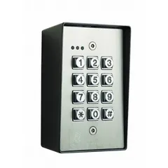 The ALARM CONTROLS KP-400 is a stainless steel keyless access control keypad in gray. It measures 4 1/2 inches in height, 2 1/2 inches in depth, and 3 1/8 inches in width. Designed for securing entry points in industrial, commercial, and institutional facilities, it allows authorized personnel to enter a code for door access, replacing traditional keys.