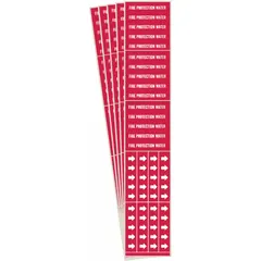 Red adhesive pipe marker with white legend text reading 'Fire Protection Water'. Fits pipes with outside diameter of 3/4 inch and smaller. Includes directional arrows to indicate flow direction. Sold in a 5-pack. Used for identifying fire protection water piping systems in commercial and industrial facilities.
