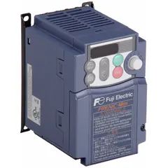 This variable frequency drive converts single-phase input to three-phase output for speed control of small motors. Rated 1/8 hp at 200-240V AC output, it features a heat-sink style enclosure in black/blue/gray. Suitable for fans, pumps, and conveyors in industrial settings.