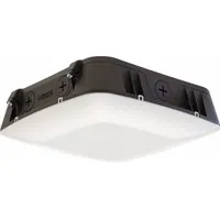This LED low-profile fixture is designed for parking garages, covered walkways, and canopy applications. It offers selectable lumen packages from 5,000 lm to 10,000 lm with a Type V distribution for uniform wide-area illumination. The 4000K color temperature and Bronze finish suit commercial and industrial environments