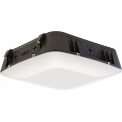 This LED low-profile fixture is designed for parking garages, covered walkways, and canopy applications. It offers selectable lumen packages from 5,000 lm to 10,000 lm with a Type V distribution for uniform wide-area illumination. The 4000K color temperature and Bronze finish suit commercial and industrial environments.