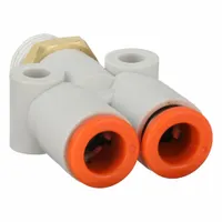 This SMC push-fit wye fitting is used to split or combine pneumatic tubing lines. It features two 1/4 in OD tube ports and one 1/8 in NPT male thread, constructed from polybutylene and brass in white